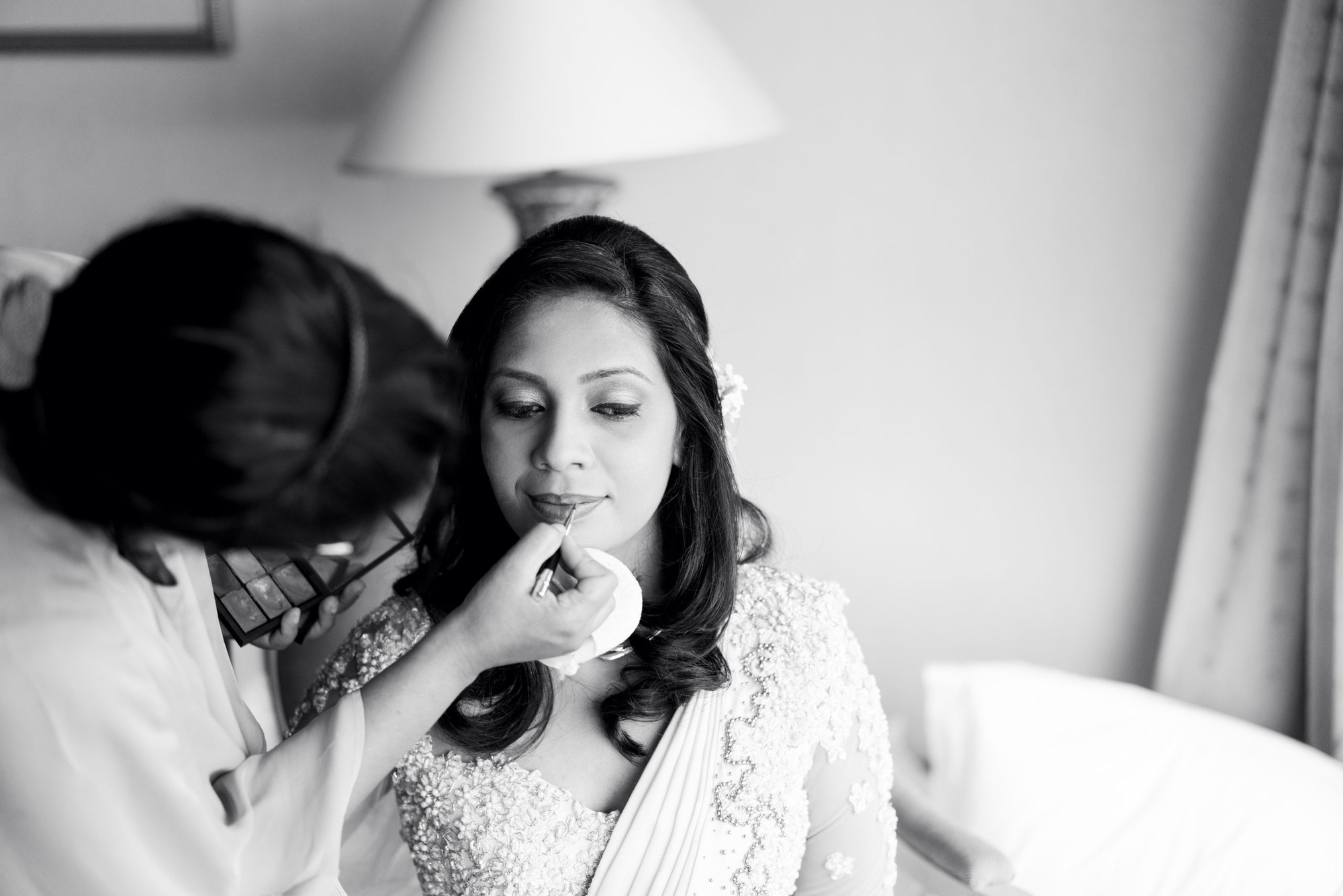 Bridal preparation captured in black and white
